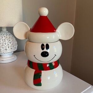 Disney Christmas Snowman Mickey Mouse Cookie Jar/Canister W/Lid